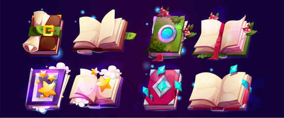Magic book set for game interface - spellbooks with glowing gems, mystical orbs, enchanted pages and colorful covers by fantasy design, open grimoires with mushrooms, stars, crystals and sparkles © klyaksun