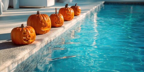 A row of carved pumpkins sitting on the edge of an in-ground pool with clear blue water, a fun Halloween party theme, spooky Halloween decorations,