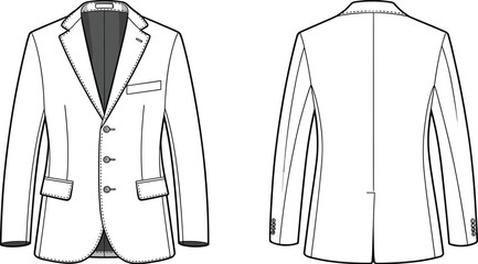 Flat fashion technical sketch of men’s tailored blazer, suit jacket front and back view, formal wear design template