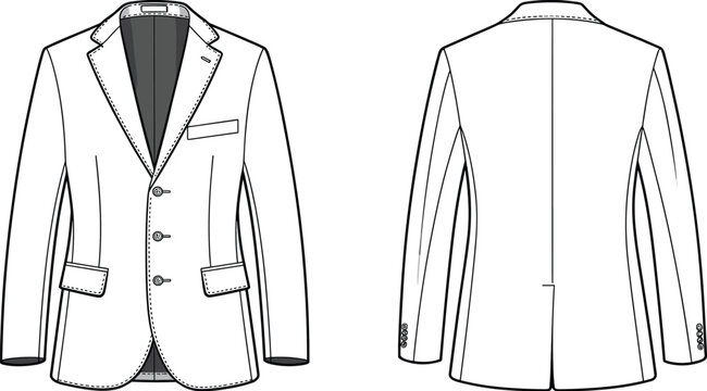Flat fashion technical sketch of men’s tailored blazer, suit jacket front and back view, formal wear design template