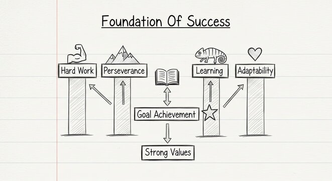 Foundation of Success Concept with Hard Work, Learning, Values