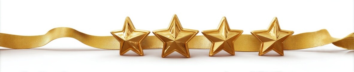 A row of five golden stars on a white background, top view, high-resolution photography.