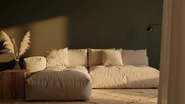 gr&uuml;ne wand - Gem&uuml;tliches Wohnzimmer mit einem bequemen Sofa und dekorativen Pflanzen, in warmes Sonnenlicht getaucht, schafft eine ruhige Atmosph&auml;re zum Entspannen und f&uuml;r gesellige Zusammenk&uuml;nfte
