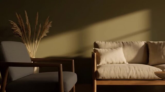gr&uuml;ne wand - Gem&uuml;tliches Wohnzimmer mit einem modernen Holzsofa und dekorativen Kissen, mit sanftem Licht, das Schatten auf die gr&uuml;ne Wand wirft und so eine ruhige Atmosph&auml;re schafft