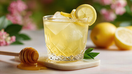 Lemon honey iced drink in glass with ice cubes and lemon slice, refreshing beverage with natural ingredients