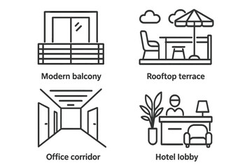 Linear architectural amenities icon pack—modern balcony railing, rooftop terrace furniture with sunshade, office hallway perspective, hotel lobby reception desk with plant—minimal outline vector set