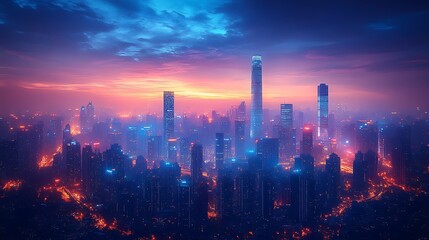 Fototapeta premium Cityscape at twilight building illuminated