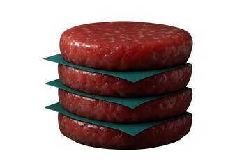 Raw hamburger patties layered between green parchment papers, forming geometric stack on clean transparent surface