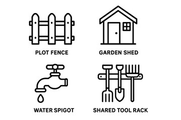 Community garden outline icon set. Picket plot fence, backyard storage shed, outdoor water spigot tap dripping, shared gardening tool rack. Urban allotment equipment, eco farming symbols vector