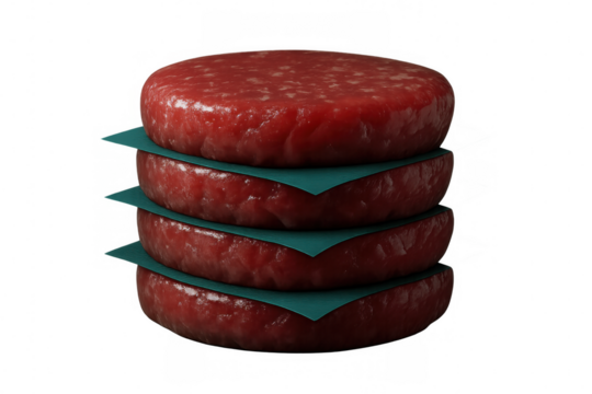 Raw hamburger patties layered between green parchment papers, forming geometric stack on clean transparent surface - Powered by Adobe
