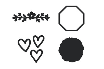 Decorative motif icon set – solid black silhouette floral divider, octagon frame outline, hand-drawn doodle hearts trio, scalloped watercolor circle shape – modern vector clip art pack