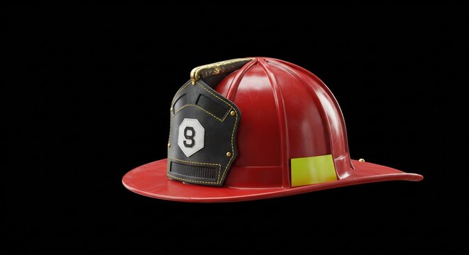 Casque pompier rouge vif brillant isole sur fond noir numero neuf. AI Generated