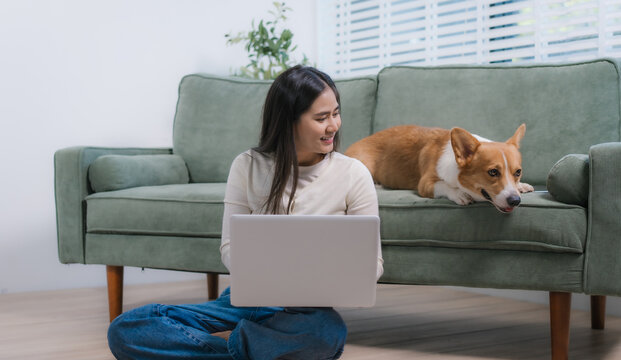 A cute Asian woman works from home beside her corgi on the sofa, using a laptop in relaxed environment.Their bond reflects balanced work-life, casual tech-driven productivity, joyful companionship - Powered by Adobe
