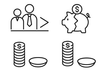Economic inequality outline icons set depicting rich–poor wealth gap, broken piggy bank savings loss, stacked coins versus empty plate poverty concept, minimal line style vector illustration