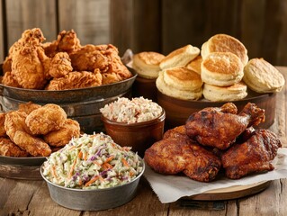 Fried chicken feast featuring crispy chicken, biscuits, and coleslaw served on rustic wooden table