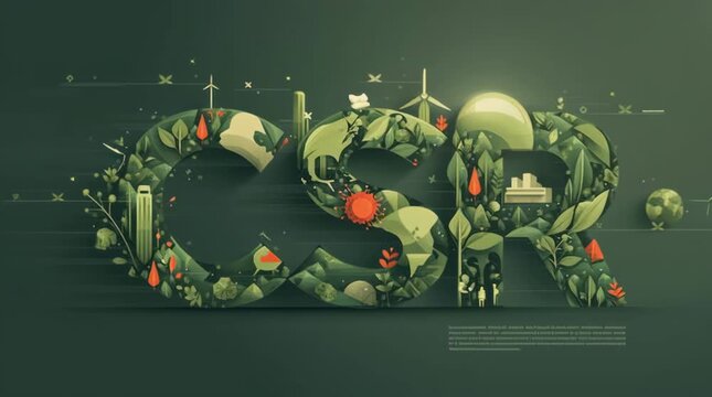 Corporate social responsibility text art with green leaves and environmental elements design