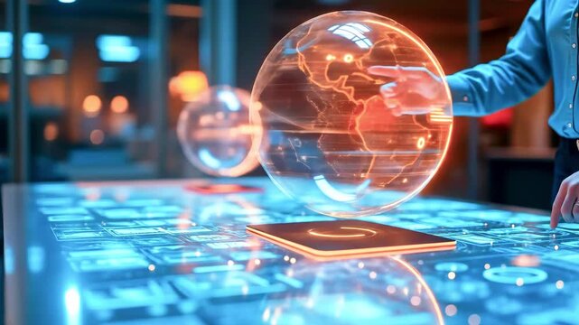 Futuristic workspace with holographic globe and digital interface showcasing innovative technology - Powered by Adobe