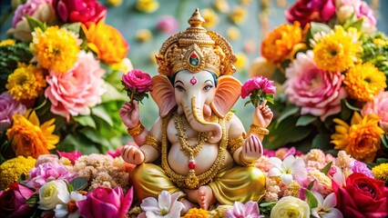 An Exquisite Celebration of Lord Ganesha Surrounded by a Vibrant Tapestry of Freshly Bloomed Flowers