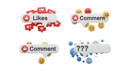 Social Media Engagement Icons with Cartoon Emojis on Transparent Background