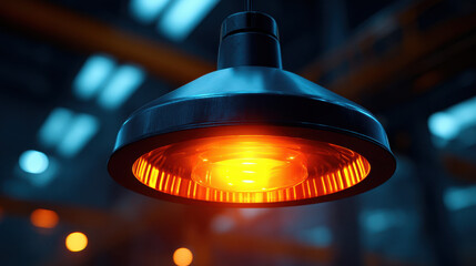 Infrared heat lamp glowing warmly in dark industrial setting with blurred background lights