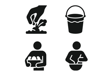 Farm-to-table process vector icons set. Picking vegetables, water bucket, collecting eggs, mixing ingredients. Solid glyph food production, agriculture, organic farming, culinary preparation symbols.