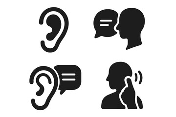 Listening skills vector icons set. Ear symbol, speech bubble, active listening head silhouette, communication training concept, auditory attention, feedback conversation, audio perception pictograms