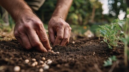 Close-up of Gardener's Hands Planting Seeds in Fertile Soil, Cultivating a Vegetable Garden, Symbolizing Growth, Sustainability, and Organic Farming Practices.