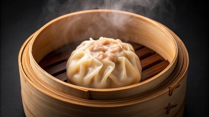 Dim Sum Steaming dumpling in bamboo basket, showcasing Asian cuisine and culinary art.