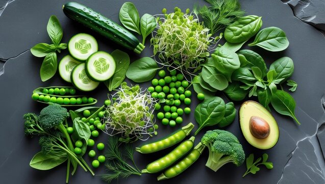 Colorful display of various fresh green vegetables.