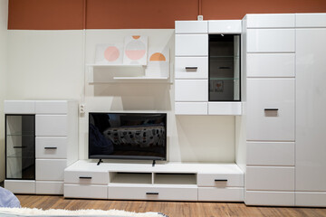 Modern White Living Room Wall Unit with TV