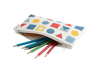 Colorful pencil case with geometric pattern and colored pencils isolated on transparent background