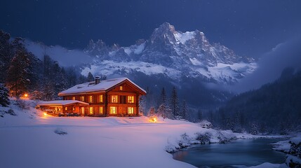 Fototapeta premium Warm chalet illuminated by snow at night