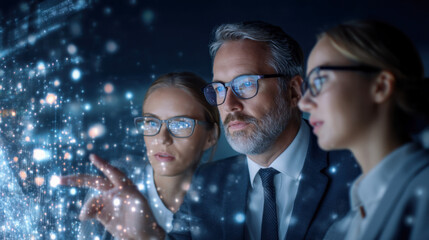 Three professionals analyze digital data on a screen, showcasing teamwork in a modern, technology-driven environment.