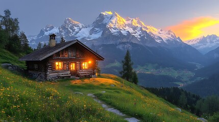 Obraz premium Mountain chalet at sunset landscape view