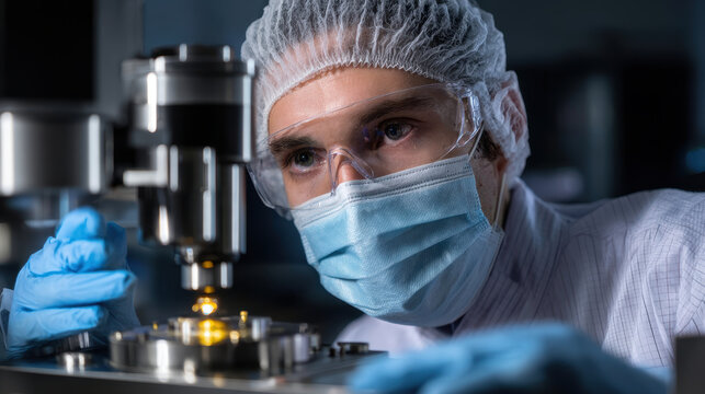 Scientist wearing protective gear and mask working with precision equipment in laboratory environment focused on research - Powered by Adobe