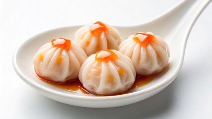 Dim Sum Steamed dumplings served on a spoon with sauce, showcasing an appealing culinary presentation.