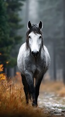Fototapeta premium Majestic white horse walking through a misty forest path in autumn