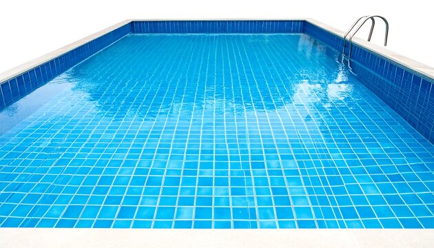 Rectangular swimming pool, blue tiles, clear water, metal ladder