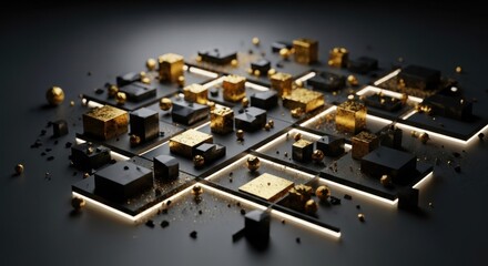 Abstract arrangement of gold and dark cubes on a luminous geometric grid