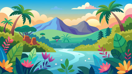 Vector art of lush tropical landscape with mountains, river, and palm trees during the day, vibrant and serene natural scenery