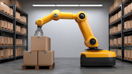 Yellow robotic arm handling cardboard box warehouse with shelves full of packages, showcasing automation and logistics