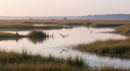 Great Egrets in Flight and Standing in a Serene Wetland at Sunrise