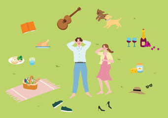 Spring Picnic Scene with Related Elements
