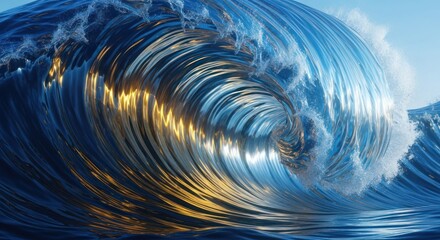 Obraz premium A powerful, curling wave reflects golden sunlight, creating an intense, blue swirl