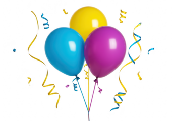 Three colorful balloons with streamers isolated on transparent background