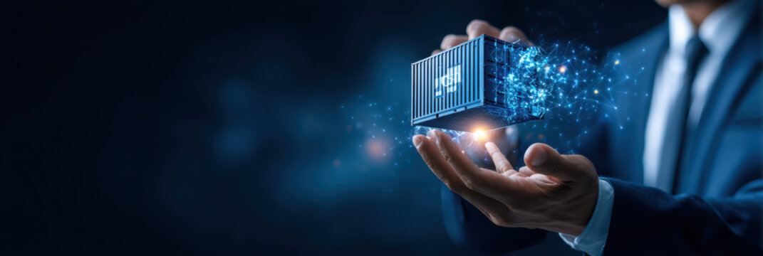 A businessperson holds a glowing cargo container, symbolizing innovation and technology in logistics and supply chain management.