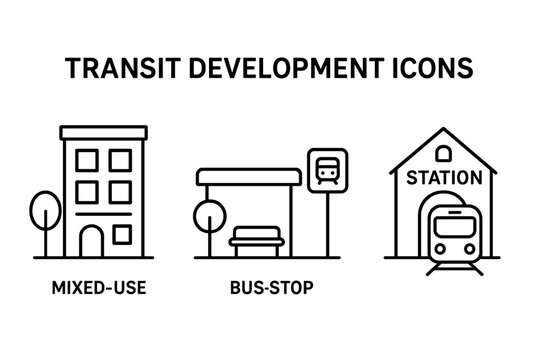 Transit oriented development outline icons set. Mixed-use building, urban bus stop shelter, commuter rail station facade with train, smart city public transport, planning concept vector illustration