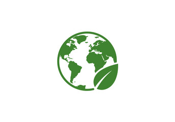 Green globe with leaf, flat vector silhouette, eco-friendly environmental symbol, Illustrator vector.