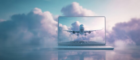 The Laptop Displaying an Airplane Taking Off into a Cloudy Sky