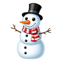 A Smiling Snowman Wearing a Top Hat and a Red Scarf, Cut Out, Clipping Path Isolated on a Transparent PNG Background.